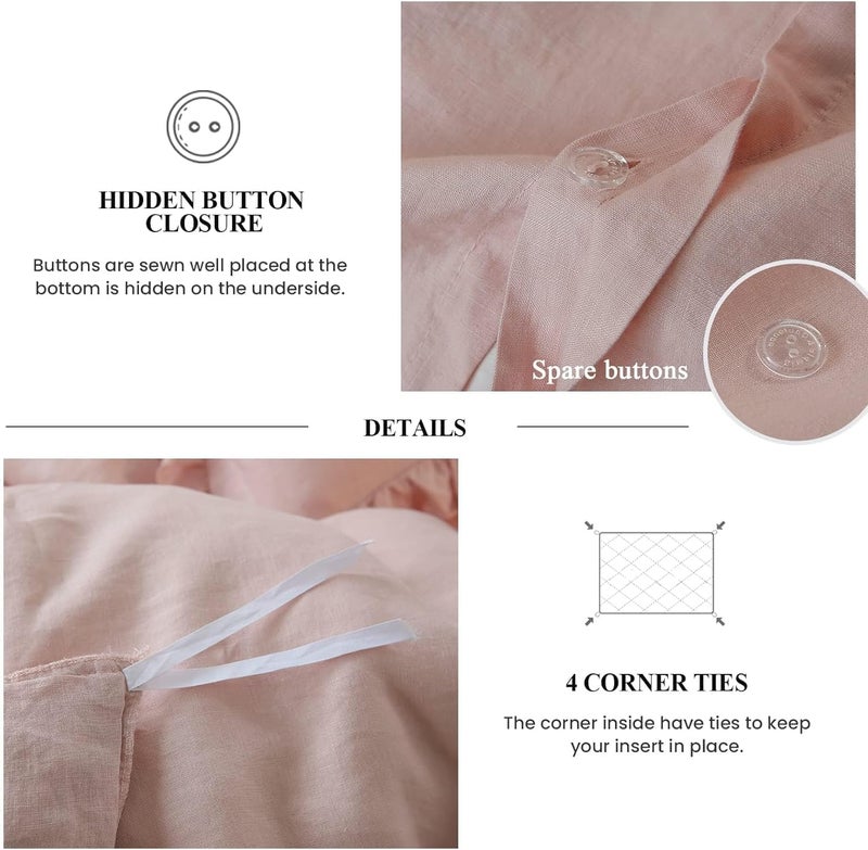 Simple&Opulence 100% Linen Duvet Cover Set, 3 PCS Natural French Flax Blush Pink Ruffle Duvet Cover Queen Size, Breathable Comfy Linen Bedding Comforter Cover with 2 Pillowcases(Blush Pink, 88" X 92") - Image 4